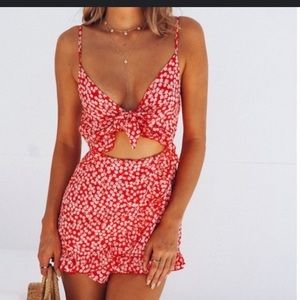 Red floral romper with tie in front